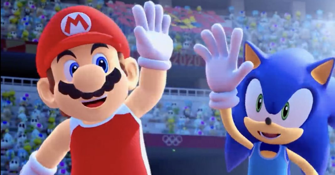 Screenshot from Mario &amp; Sonic at the Olympic Games Tokyo 2020 featuring Mario and Sonic high-fiving.