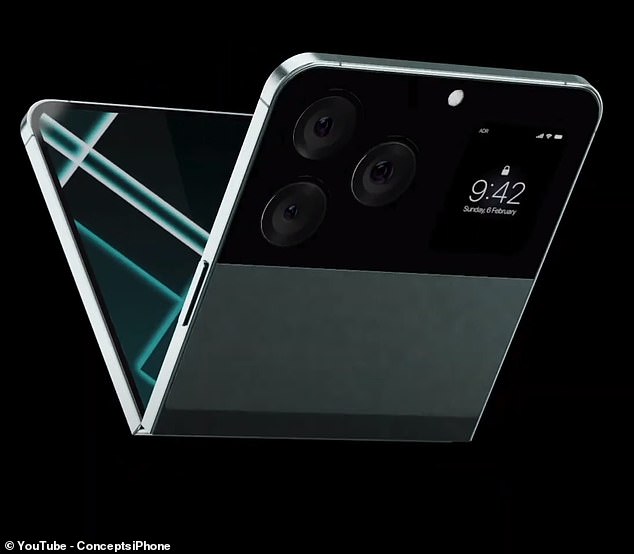 Según los expertos, el rumoreado competidor de Apple para el Galaxy Z de Samsung, el Razr Plus de Motorola y el Pixel Fold de Google ya tiene un nombre provisional: iPhone Flip. Arriba, una representación del YouTuber ConceptsiPhone, que lleva años experimentando con diseños de iPhone plegables