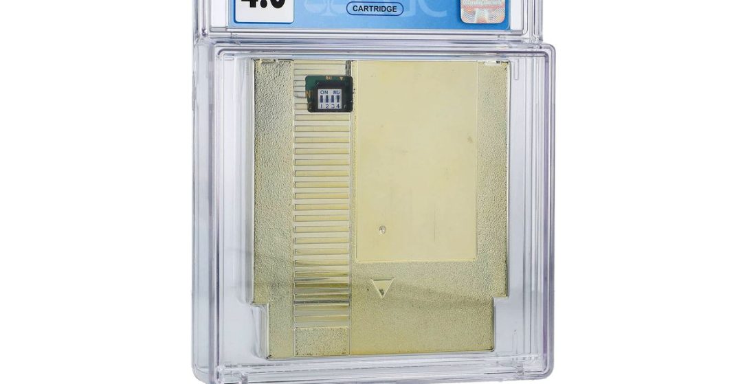 The 1990 NES Nintendo Gold World Championships gold NES cartridge inside a protective transparent plastic case.