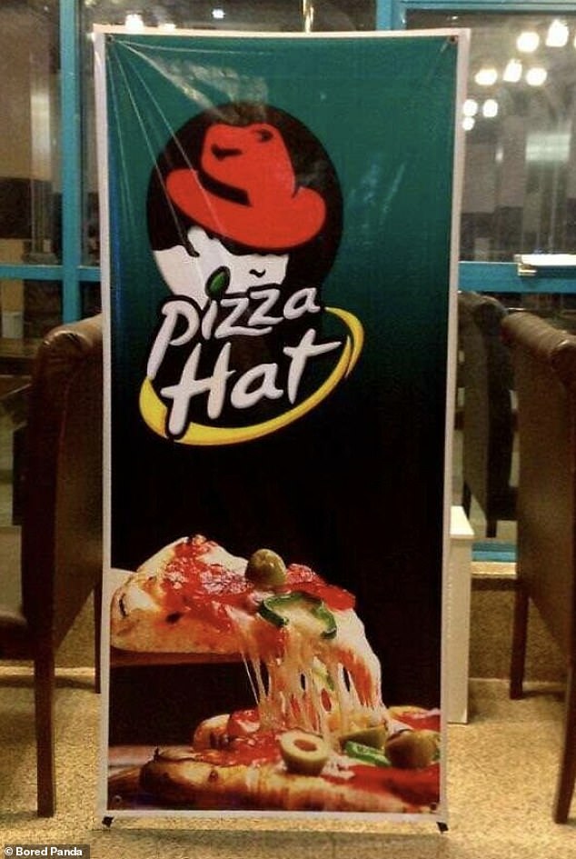 Personas de todo el mundo han compartido las imitaciones de marcas más extravagantes que han visto, incluido un restaurante Pizza Hat que fue visto en Irán, con un logotipo muy similar al de una cadena de pizzas del Reino Unido.