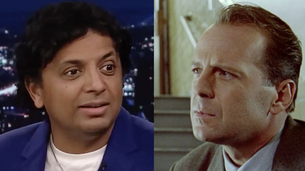 M. Night Shyamalan sitting down with Jimmy Fallon on the Tonight Show, Willis starring in 