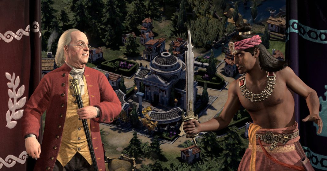 Screenshot from Civilization 7 featuring a tense standoff between Ben Franklin and Ashoka.