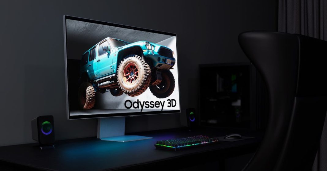 A lifestyle image of the new Samsung Odyssey 3D gaming monitor with a truck emerging from the display.