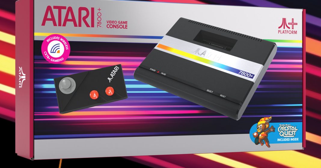 The product box for the Atari 7800 Plus against a retro-inspired background.