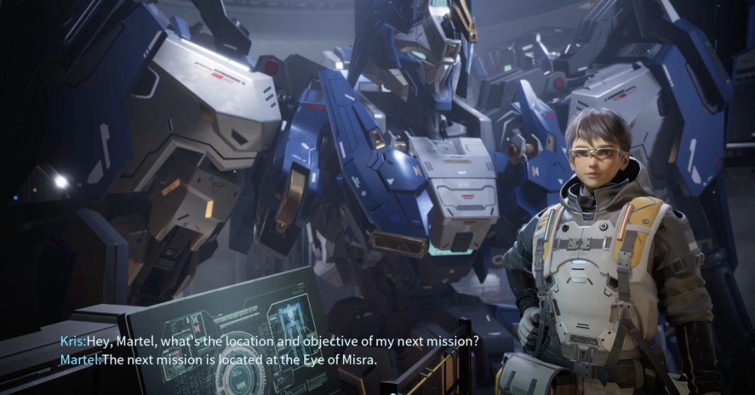 A picture showing a character standing in front of a mech, with captions showing the player asking about their next mission, and the NPC responding with information.