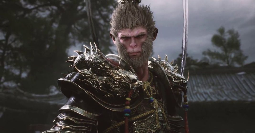 Screenshot from Black Myth: Wukong featuring a closeup of the main character a humanoid monkey man wearing elaborate Chinese armor.