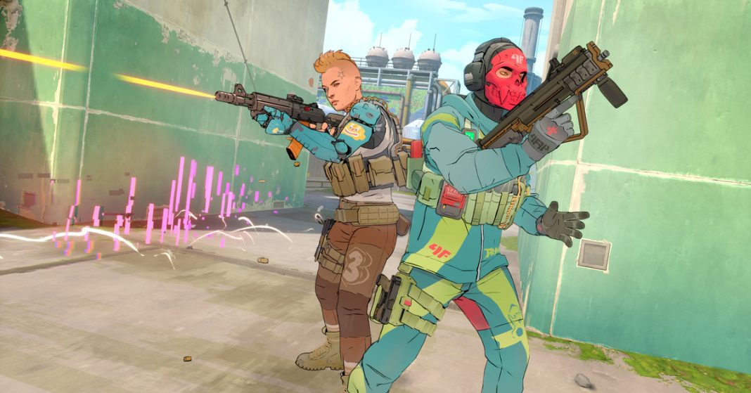 Two cel-shaded punk commandos in bright green and red, one with a mohawk, one with a skeleton mask, hold their weapons in this promo shot for the game.