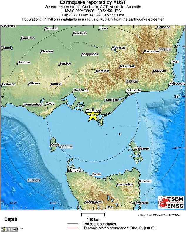 El terremoto ocurrió a una profundidad de 10 km, a las 7:45 p.m. del lunes por la noche en Victoria.