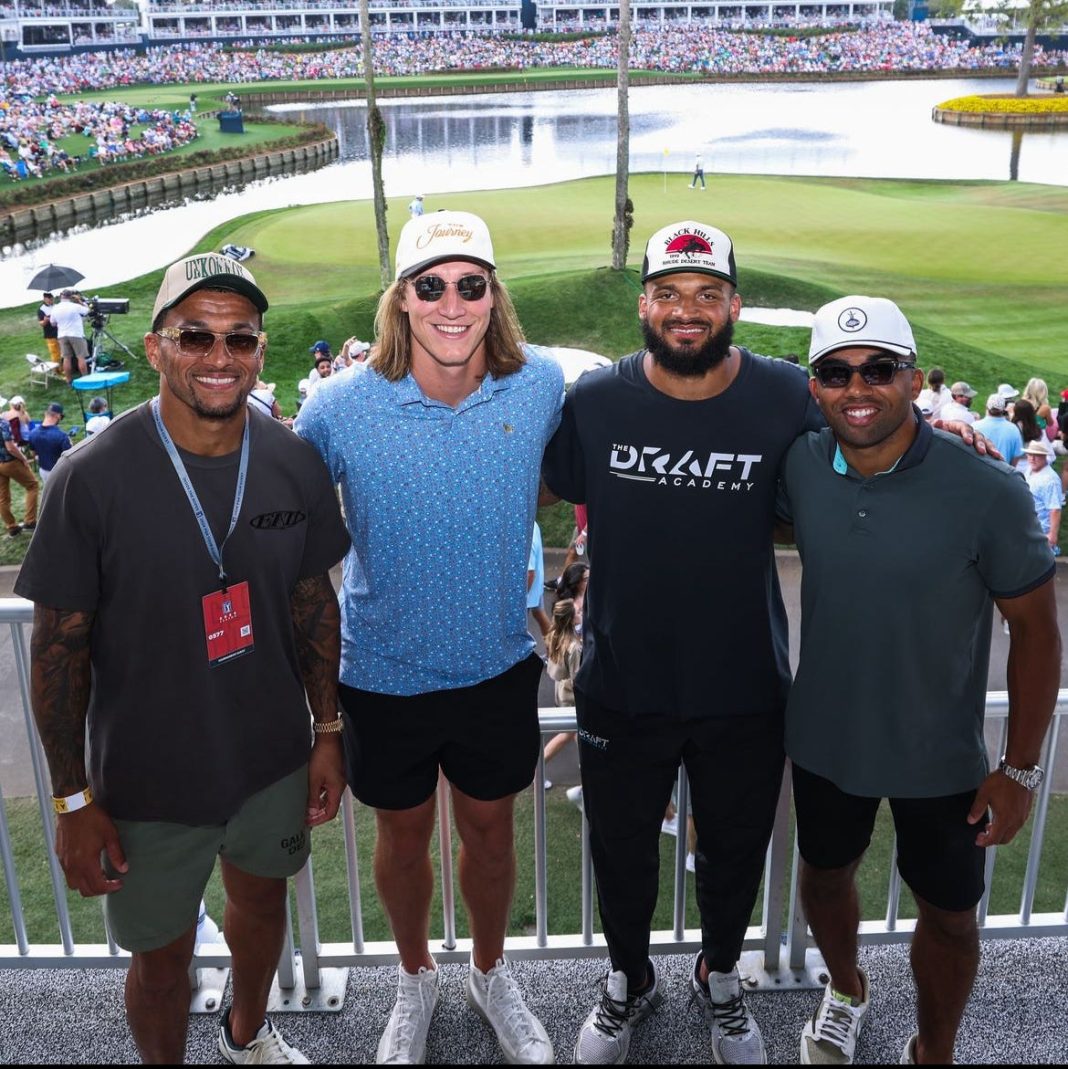 Quarterback Trevor Lawrence (fourth from left) and his Jacksonville Jaguars’ teammates before boarding a private jet in May to take them to a golf outing at the exclusive Sage Valley Golf Club in South Carolina.