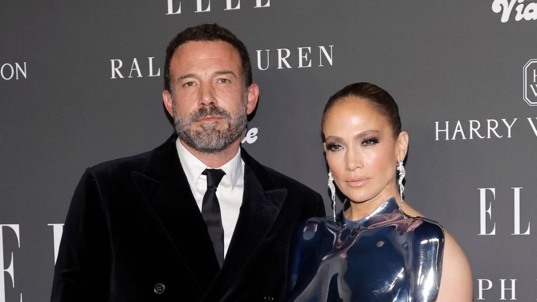 JLo and Ben Affleck posing at the ELLE