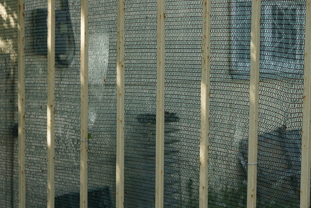 texture of brown metal rods in a fence on the background of a green mesh of fabric