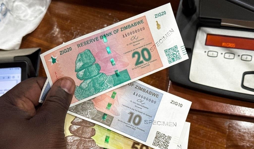 Banknotes of the new national currency Zimbabwe Gold, ZiG for short, are presented at a press conference of the Central Bank of Zimbabwe. (Columbus Mavhunga/picture alliance via Getty Images)