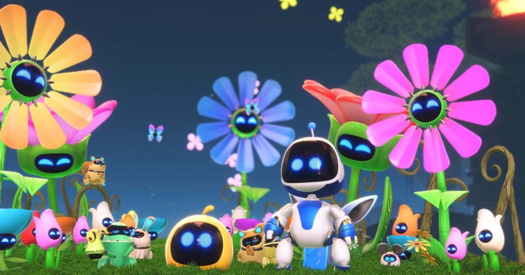 Screenshot from Astro Bot featuring a small white robot with a black screen face and bright blue eyes standing in front of a field of robot flowers