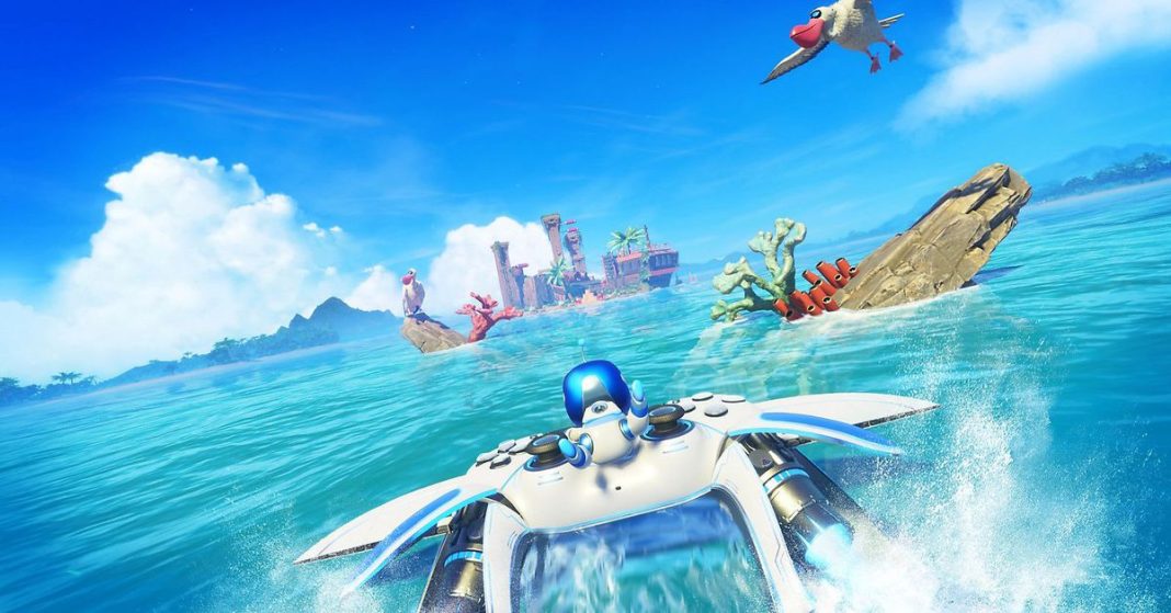 Screenshot from Astro Bot featuring Astro riding a DualSense controller over a gorgeous ocean