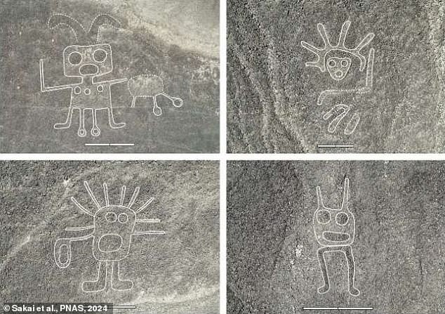 Se descubren más de 300 misteriosos glifos de Nazca en Perú, entre ellos una persona al estilo de Wall-E (arriba a la izquierda) y figuras parecidas a extraterrestres