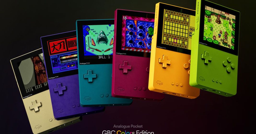 The six new GBC-inspired colorways for the Analogue Pocket handheld.