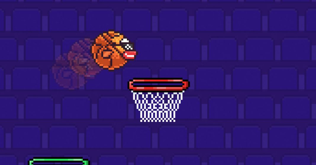 A screenshot from the new Flappy Bird game, showing the bird as a basketball, flying over basketball hoops.