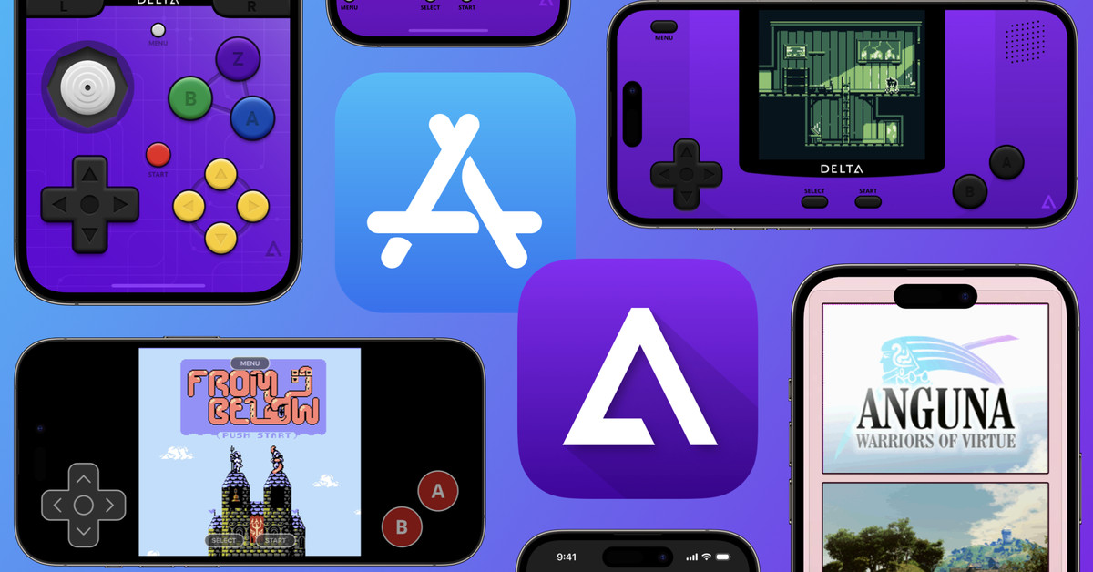 Artwork showing the Delta icon and the Apple App Store logo, with screenshots from the emulator.