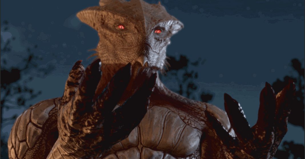 Screenshot from Baldur’s Gate 3 featuring the Dark Urge character a white-scaled Dragonborn raising their hands covered in blood.