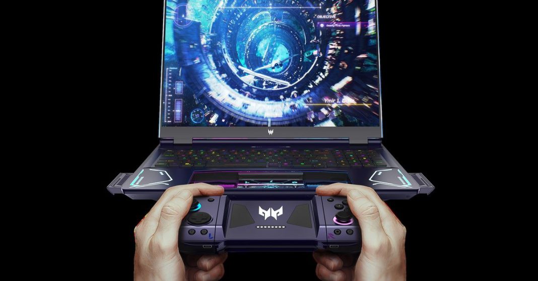 Two hands hold a controller in front of gaming laptop.