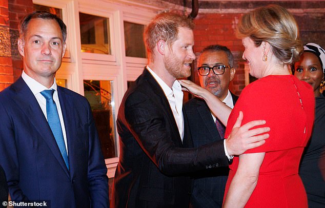 El príncipe Harry saluda a la reina Matilde de Bélgica durante una cena de alto nivel sobre 