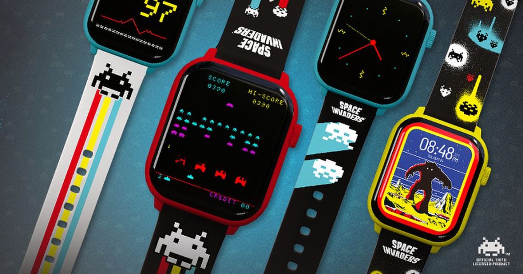 Several versions of the Space Invaders: My Play Watch with different colors and watch straps.