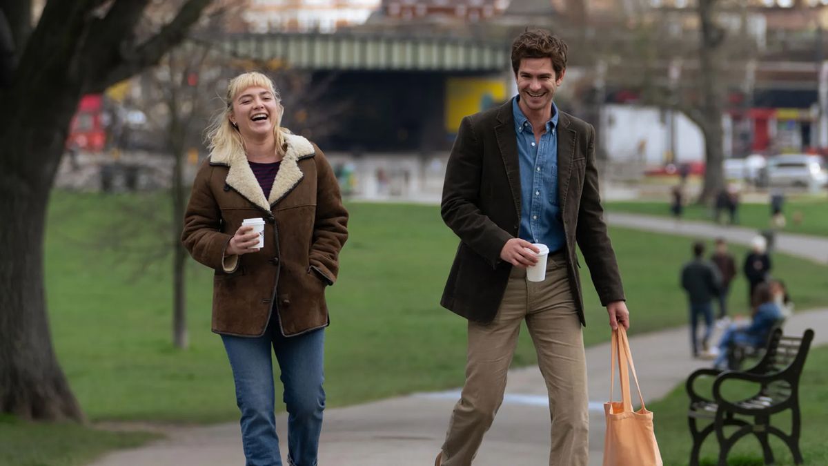 Florence Pugh and Andrew garfield walking in we live in time 