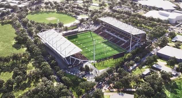 La remodelación del estadio Penrith, que costó 300 millones de dólares, podría verse desbaratada si se aprueba la reclamación de un grupo aborigen sobre tierras (en la imagen, una representación digital del nuevo sitio)