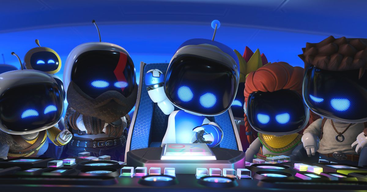 Screenshot from Astro Bot featuring the titular bot surrounded by robot-like versions of PlayStation characters including Nathan Drake, Kratos, and Aloy.