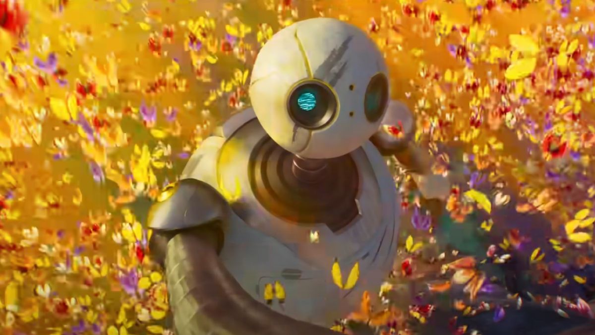 Roz is shown in a sea of butterflies in the trailer for The Wild Robot.