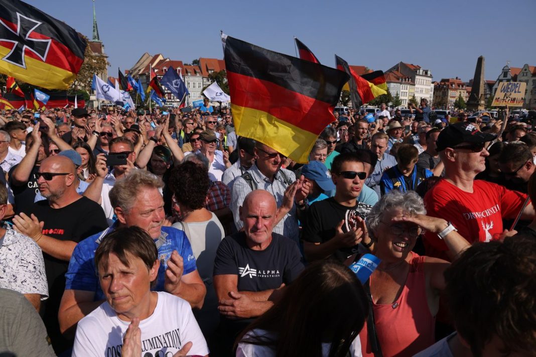 Supporters of the far-right Alternative for Germany (AfD) political party wave German flags 