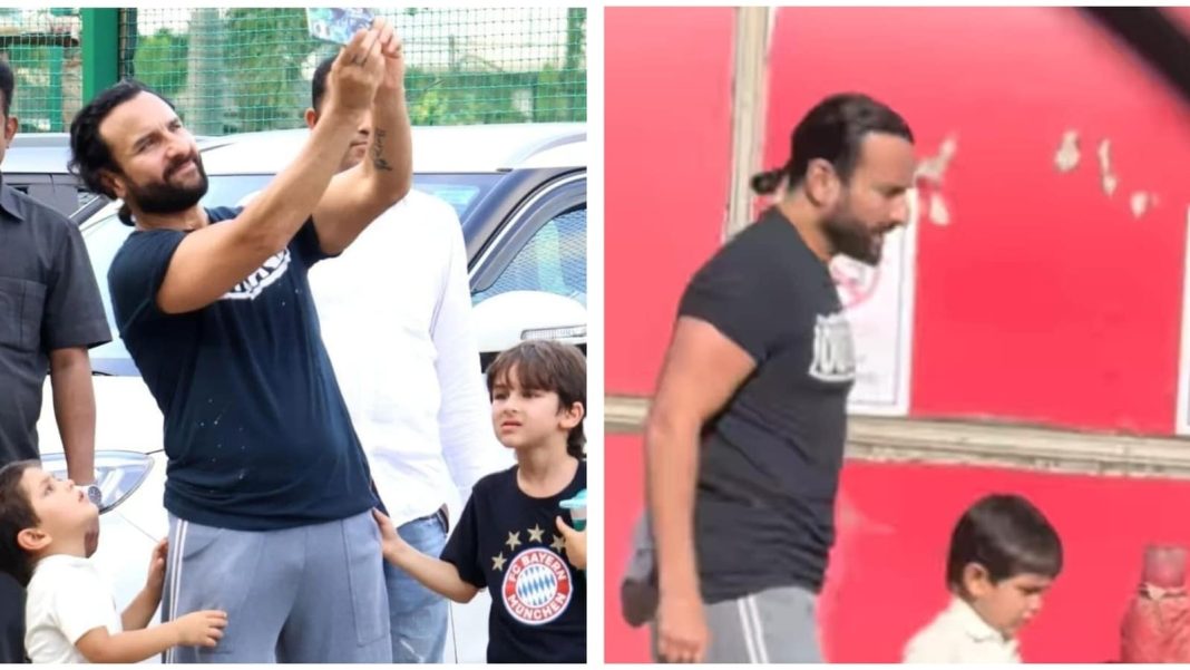 Saif Ali Khan lleva a Taimur y Jeh a tomar lecciones de cricket en el patio de recreo.
