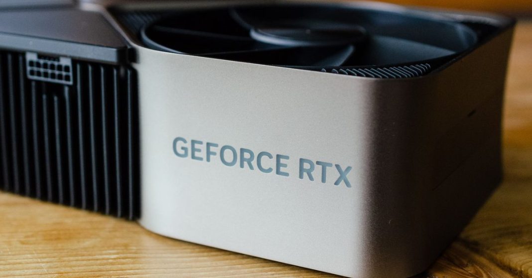 The GeForce RTX logo on the Nvidia GeForce RTX 4090 Founders Edition.