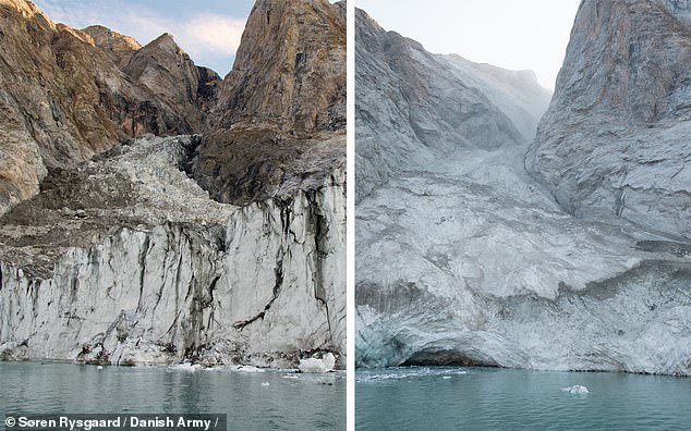 Antes y después del deslizamiento de tierra masivo que arrojó 33 millones de metros cúbicos de hielo y roca a un fiordo de Groenlandia, provocando un 'mega-tsunami' de 650 pies de altura que sacudió la Tierra durante nueve días