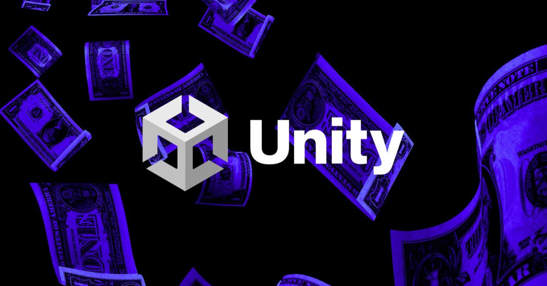 Photo illustration of the Unity logo with cash falling in the background.