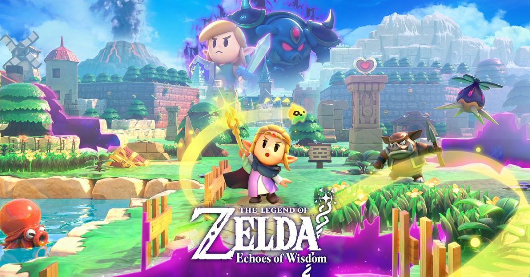 Key art for The Legend of Zelda: Echoes of Wisdom featuring the Princess Zelda holding up a magical staff.