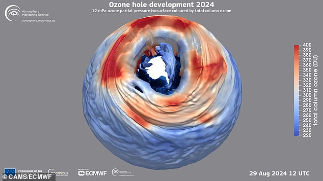 Nuevos datos muestran que el agujero en la capa de ozono sobre el Polo Sur (en la imagen) ha tardado más en formarse que en años anteriores