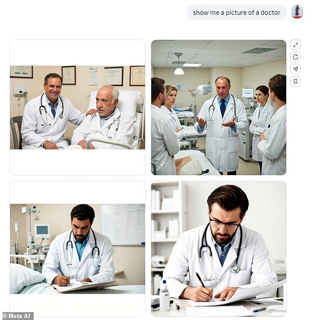 Cuando se le pidió una foto de un médico, Meta AI devolvió imágenes de hombres, lo que se ajusta a los estereotipos de género existentes en el lugar de trabajo.