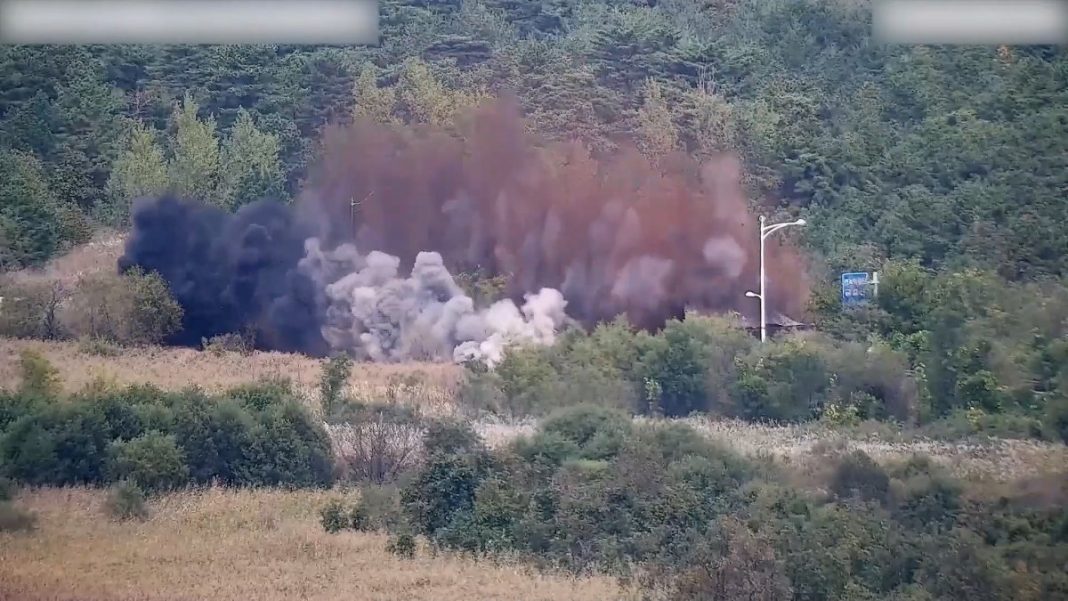 This video, provided by the Joint Chiefs of Staff, shows explosions taking place at the Gyeongui and Donghae roads, on Oct. 15, 2024. (PHOTO NOT FOR SALE) (Yonhap)