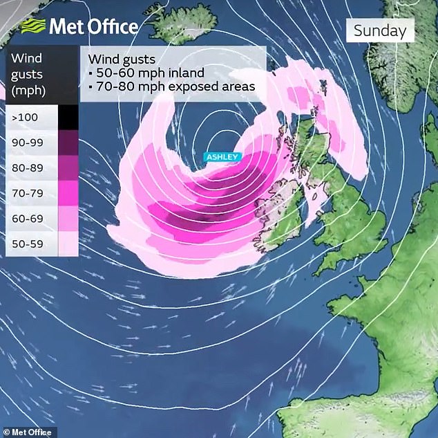 El gráfico de Met Office muestra fuertes vientos en el centro de la tormenta mientras avanza desde el Atlántico