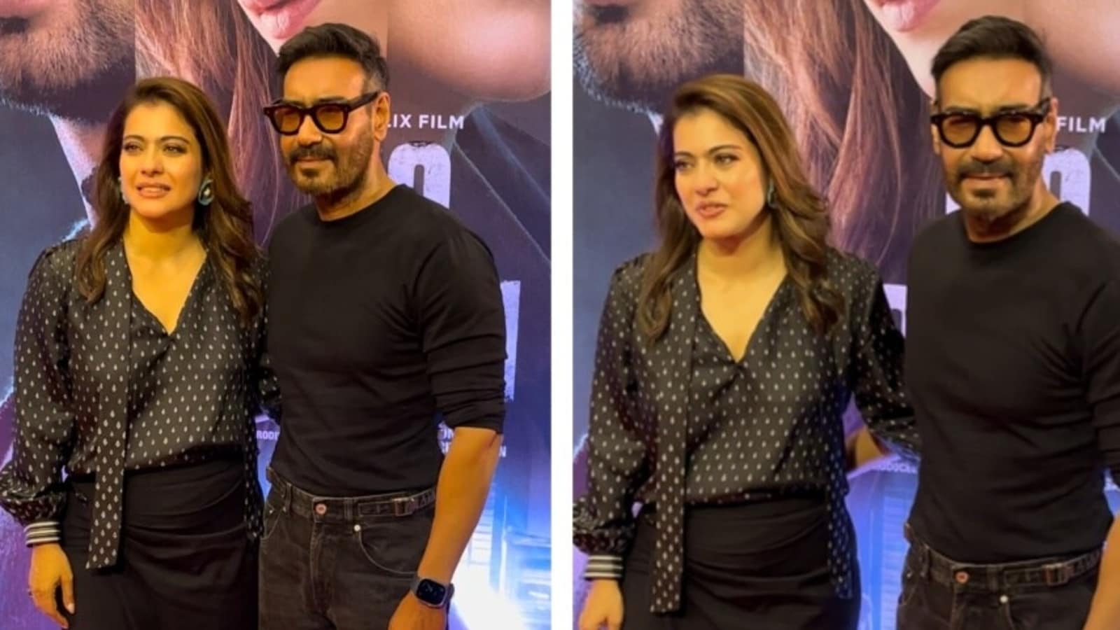 Ajay Devgn es un esposo solidario mientras es gemelo de Kajol vestido de negro y asiste al estreno de su película Do Patti. Mirar
