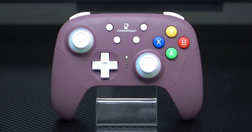 A close-up of Anbernic’s RG P01 wireless controller in a purple finish.