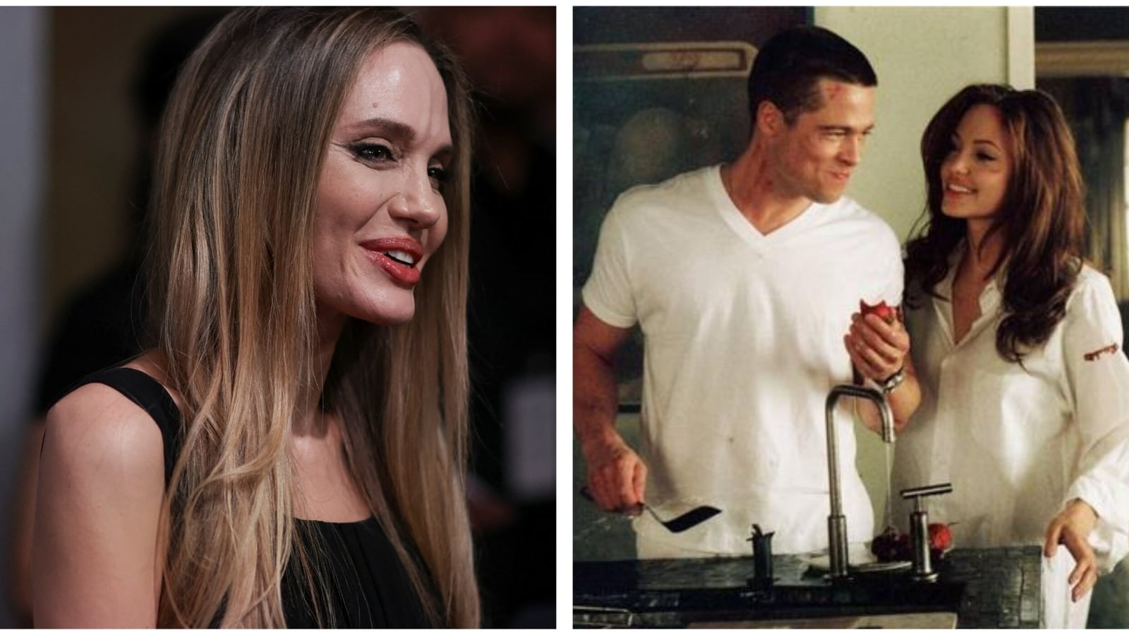 Angelina Jolie parece estoica mientras firma un cartel del Sr. y la Sra. Smith con su exmarido Brad Pitt. Fotos
