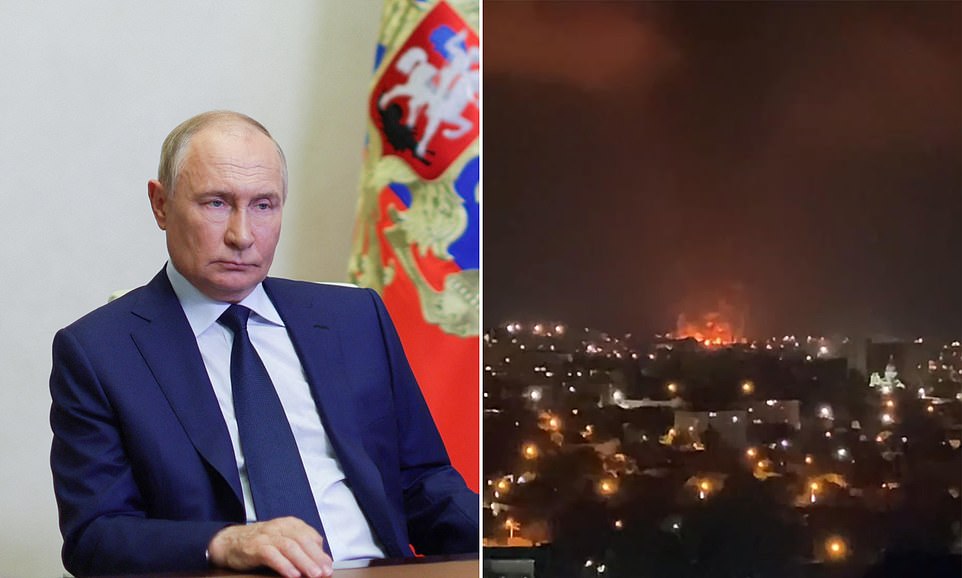 Enormes explosiones continúan sacudiendo una enorme terminal petrolera en Crimea, controlada por Rusia, después de haber sido objetivo de un ataque con misiles ucraniano. La terminal marítima de petróleo en Feodosia ha estado ardiendo durante más de cuatro días después de ser atacada el martes coincidiendo con el cumpleaños de Vladimir Putin. Nuevas imágenes muestran una torre de llamas de casi 200 pies de altura después de la última erupción, con un espeso humo negro todavía ondeando en el aire sobre la ciudad.