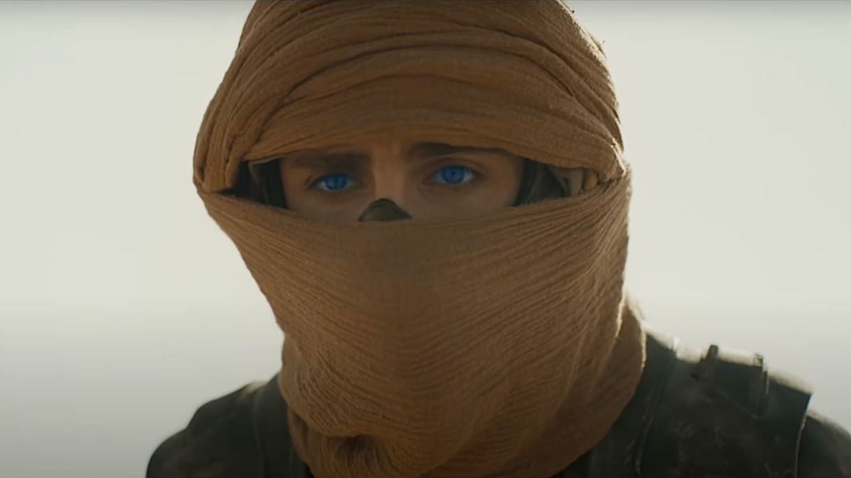 Timothée Chalamet with bright blue eyes wearing a headscarf as he's about to ride a sandworm in Dune Part 2. 