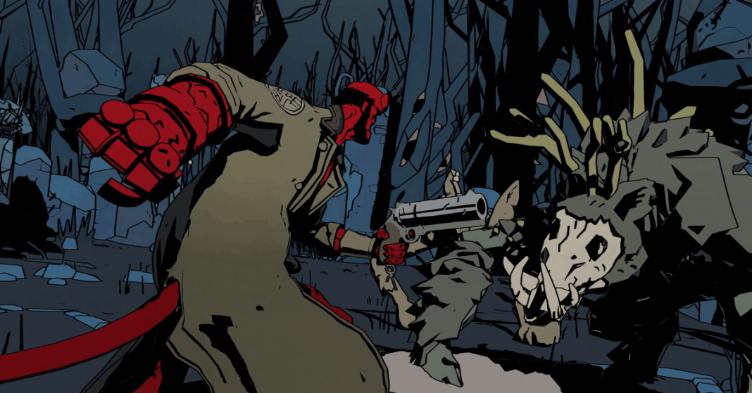 Screenshot from Hellboy Web of Wyrd featuring Hellboy, a large red-skinned humanoid, fighting a skull monster.