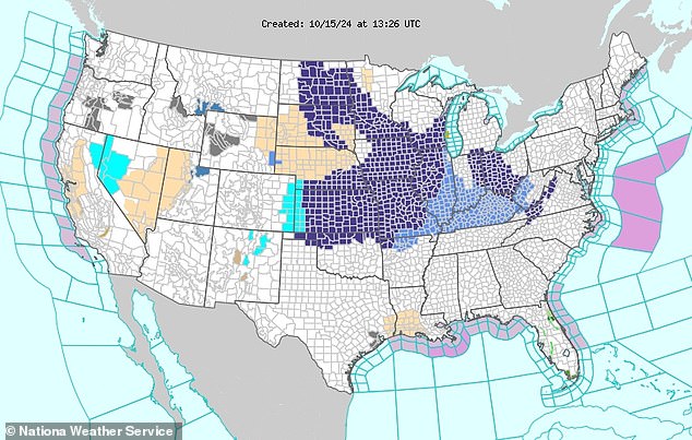 Los estados en azul oscuro están bajo una advertencia de congelación durante las próximas 24 horas, ya que el NWS predice que las temperaturas caerán hasta los 30 grados.