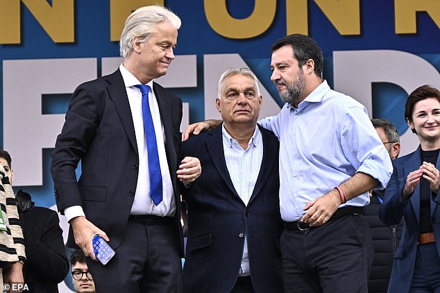 Políticos europeos de derecha de izquierda a derecha: el político holandés Geert Wilders, el primer ministro húngaro Viktor Orban y el viceprimer ministro italiano Matteo Salvini