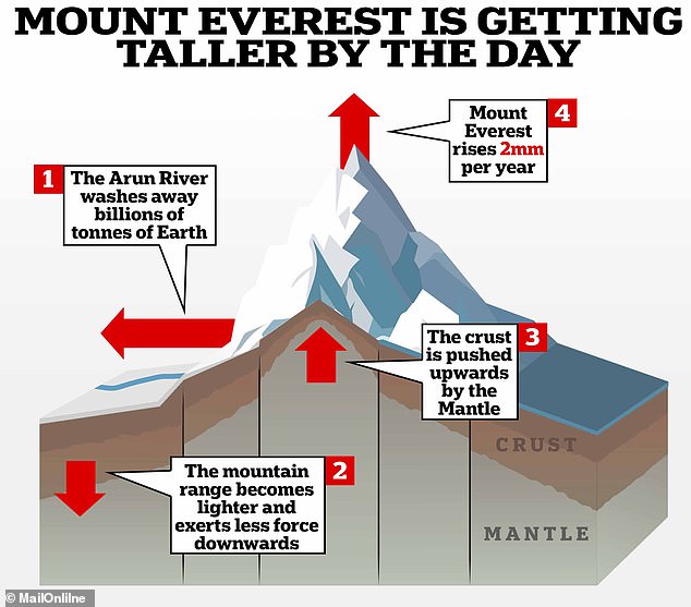 El Monte Everest está creciendo a un ritmo de 2 mm por año, dicen los investigadores. A medida que la erosión aclara la montaña, el manto líquido la empuja hacia arriba.