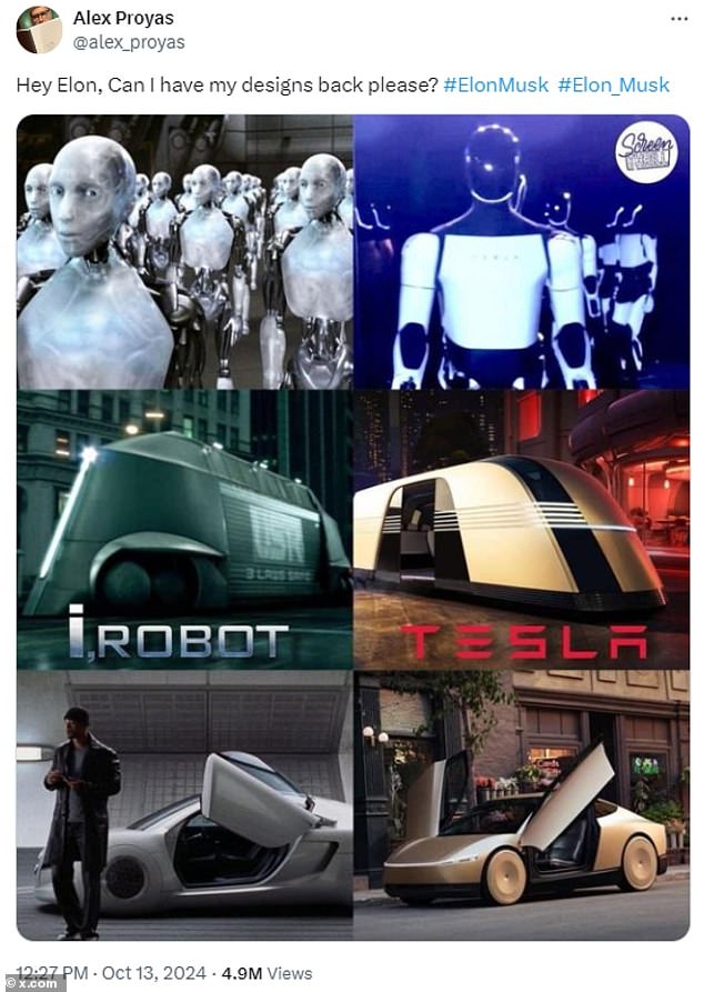 Alex Proyas publicó fotos de su película de 2004 'Yo, Robot' (izquierda) junto a diseños notablemente similares de Tesla (derecha)